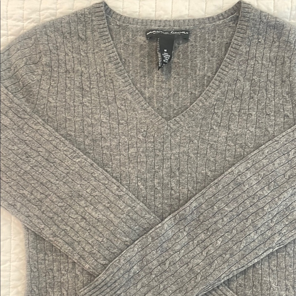 Gray CASHMERE, V Neck, Cable Knit